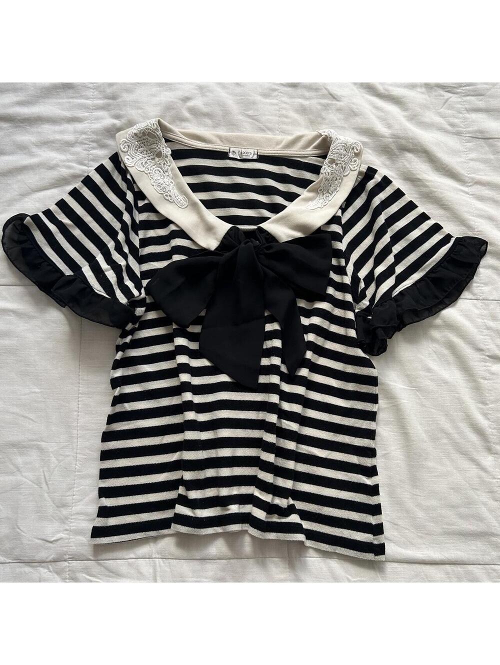 Axes Femme Black Ivory Nautical Stripe Bow Lace Sailor Collar Top M Japan